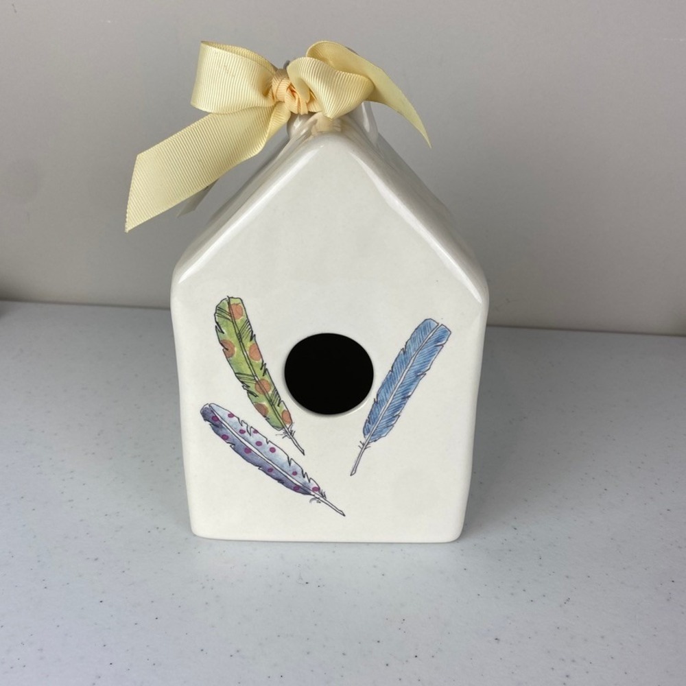 Rae Dunn Feathers Ceramic Birdhouse Figurine Artisan Collection
